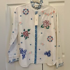 NWT Sezane x Andion Embroidered Floral White Shirt size 6